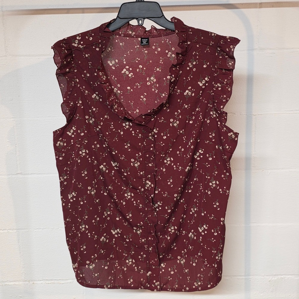 💲6️⃣ CLEARANCE SHEIN Curve Burgundy Floral Ruffle Trim Chiffon Blouse 2XL